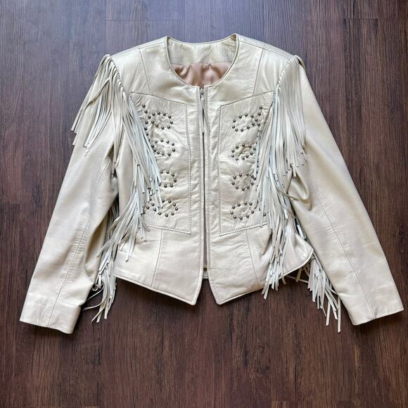Patricia Wolf Pearlized Leather Fringe Jacket Beige Women’s 10 Made in Texas - Picture 2 of 13